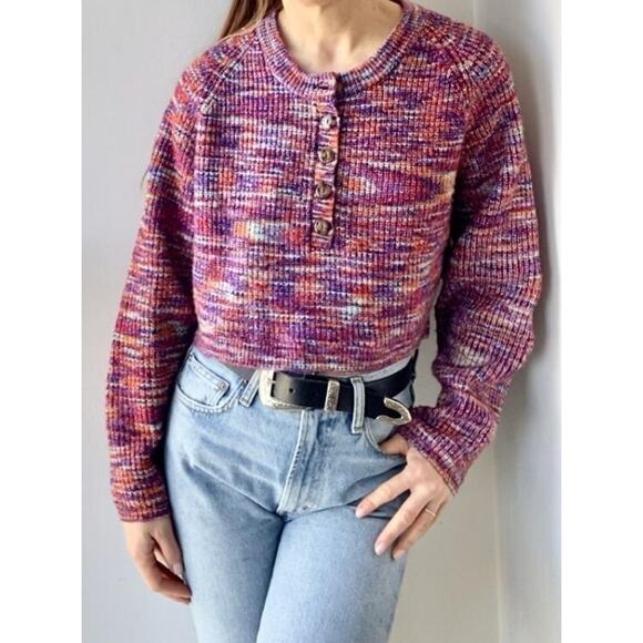 BDG Cropped Henley Womens Sweater Size Medium Tight Knit School Colorful Casual - Picture 1 of 14